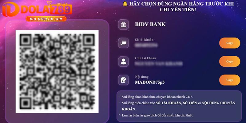 Nạp tiền DOLA789 – Hướng dẫn gửi tiền thành công chỉ trong 2 phút 6 Quét mã nạp tiền