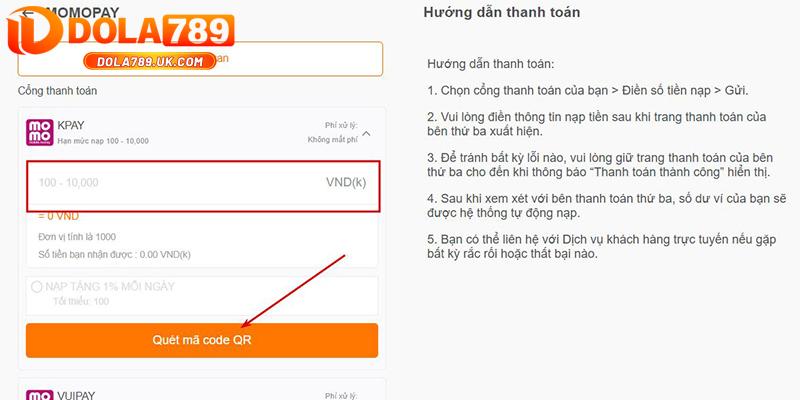 Nạp tiền DOLA789 – Hướng dẫn gửi tiền thành công chỉ trong 2 phút 12 Giao diện nạp tiền