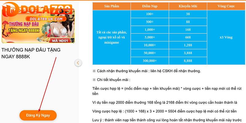 Nạp tiền lần đầu tại DOLA789 thưởng khủng tới 8888K 3 điều kiện khuyến mãi 8888K